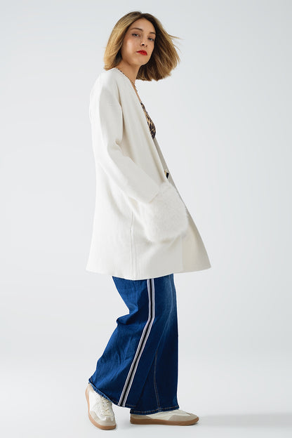 creme Cardigan longo de malha de alta qualidade com bolsos de pele