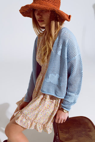 Cardigan de Crochê com Nuvens de Tricô em Azul