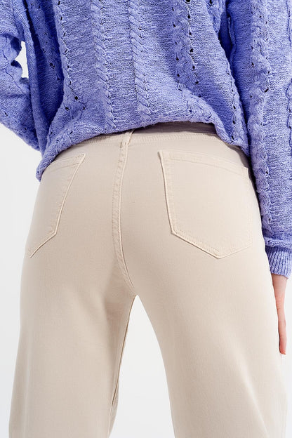 Calça jeans cropped perna larga bege