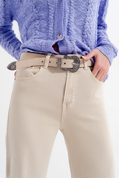 Calça jeans cropped perna larga bege