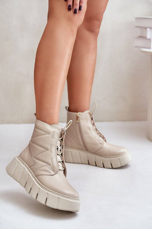 Botas femininas de couro natural com salto de cunha