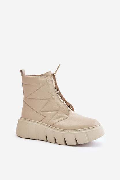 Botas femininas de couro natural com salto de cunha