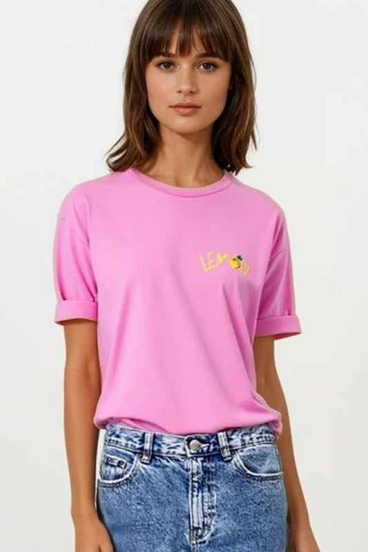 Q2 Feita na Itália camiseta rosa com estampa de limão