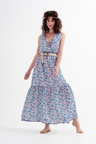 Vestido longo floral sem mangas em verde