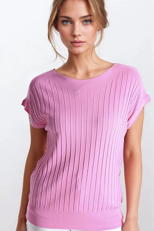 Q2 Fucshia camisola de malha com nervuras finas e gola redonda