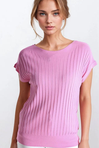 Fucshia camisola de malha com nervuras finas e gola redonda