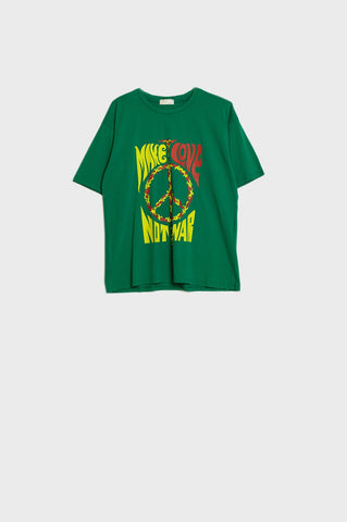 camiseta verde de manga curta com logo Make love not war