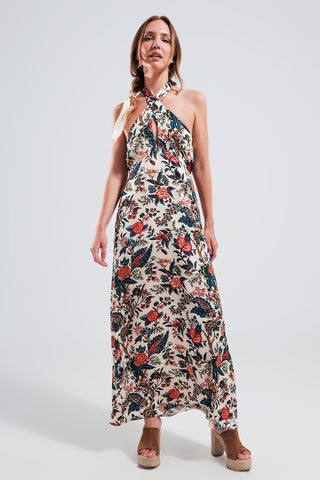 Vestido longo com decote halter e estampa paisley bege