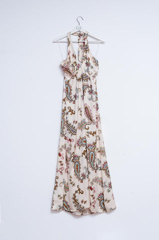 Vestido longo com decote halter e estampa paisley
