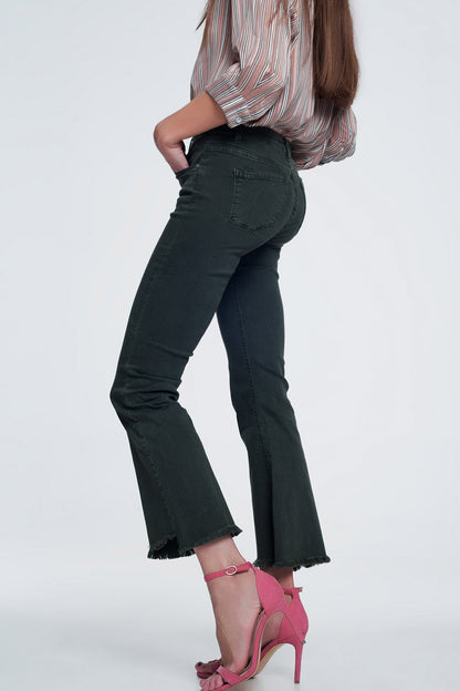 Jeans flare de cintura alta com bainha crua em cáqui