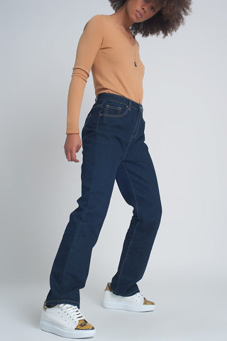 Jeans de cintura alta e corte reto em azul escuro