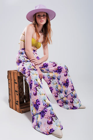 High waisted satin wide leg pants in purple floral