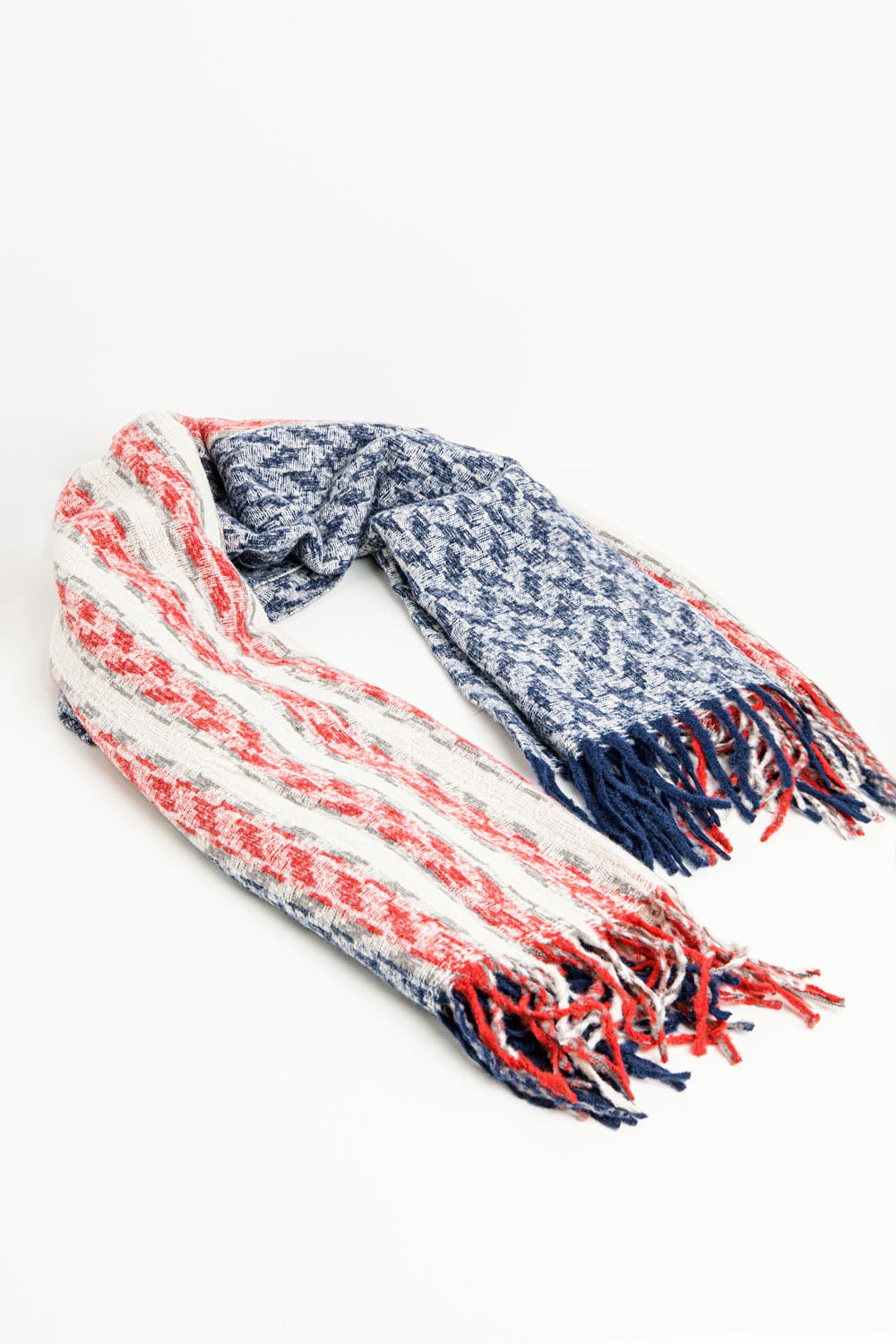 Cachecol americano estilo pied-de-poule em branco, vermelho e azul