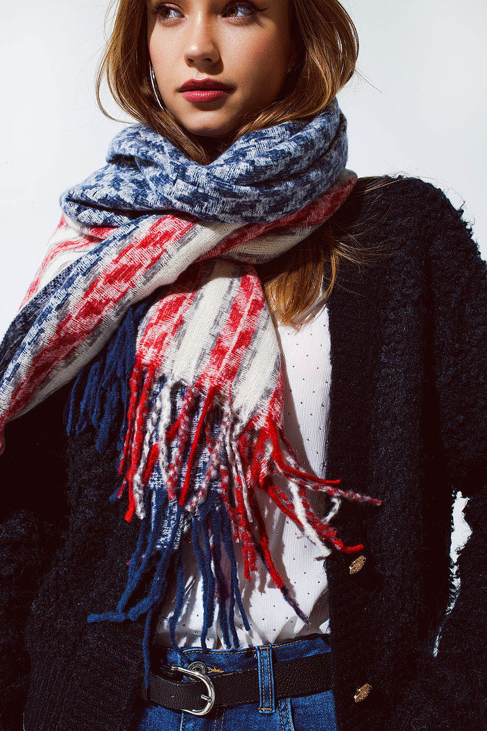 Cachecol americano estilo pied-de-poule em branco, vermelho e azul
