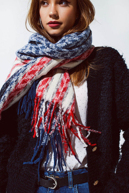Cachecol americano estilo pied-de-poule em branco, vermelho e azul