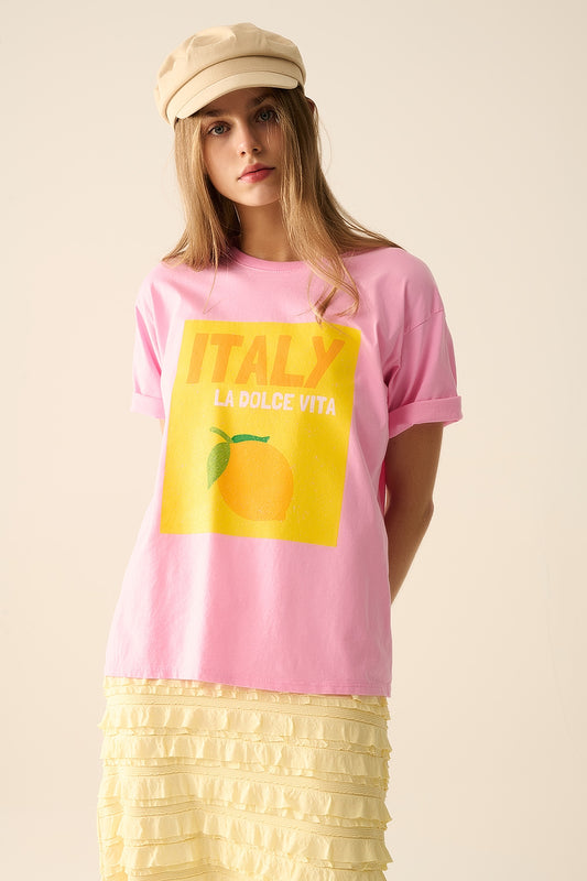 Q2 Itália La Dolce Vita T-shirt rosa bebé com estampado gráfico