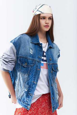 Jaqueta jeans com mangas de tecido jogging
