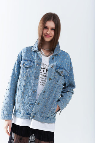 Jaqueta jeans larga com strass em padrão diamante