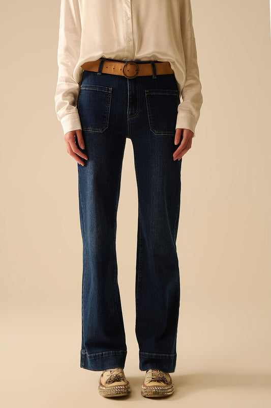 Q2 Jeans de lavagem escura com perna larga e bolsos