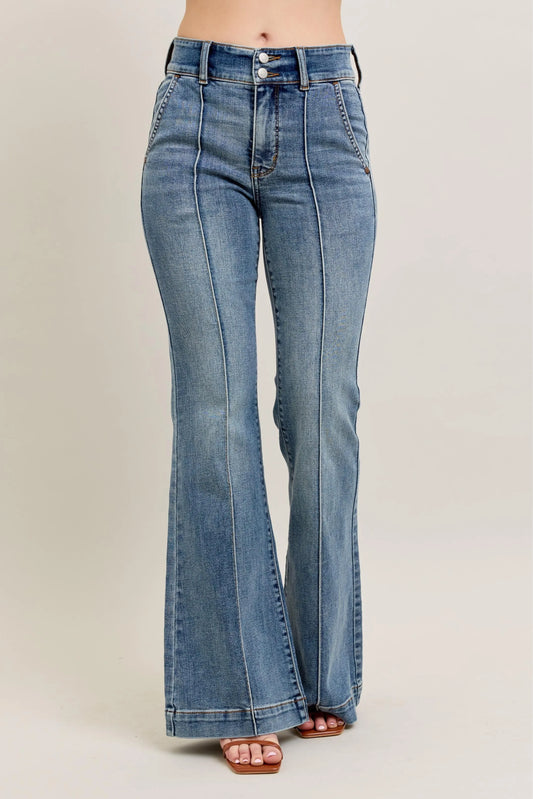 Judy Blue front seam denim pants in light blue with high waist and flared legs