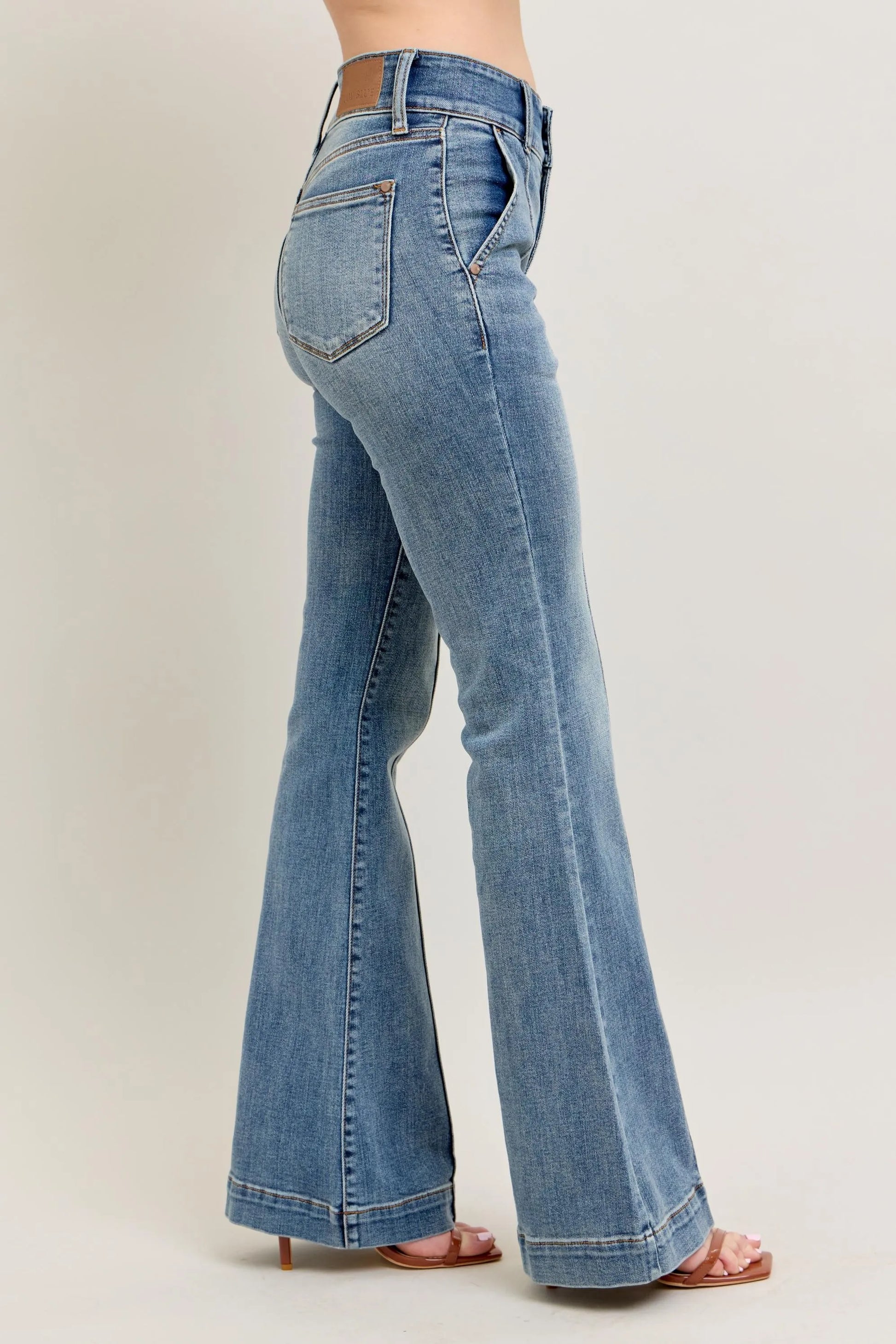 Judy Blue front seam denim pants in light blue with a flared leg and high waist