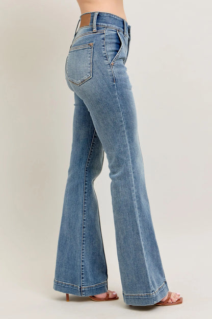 Judy Blue front seam denim pants in light blue with a flared leg and high waist