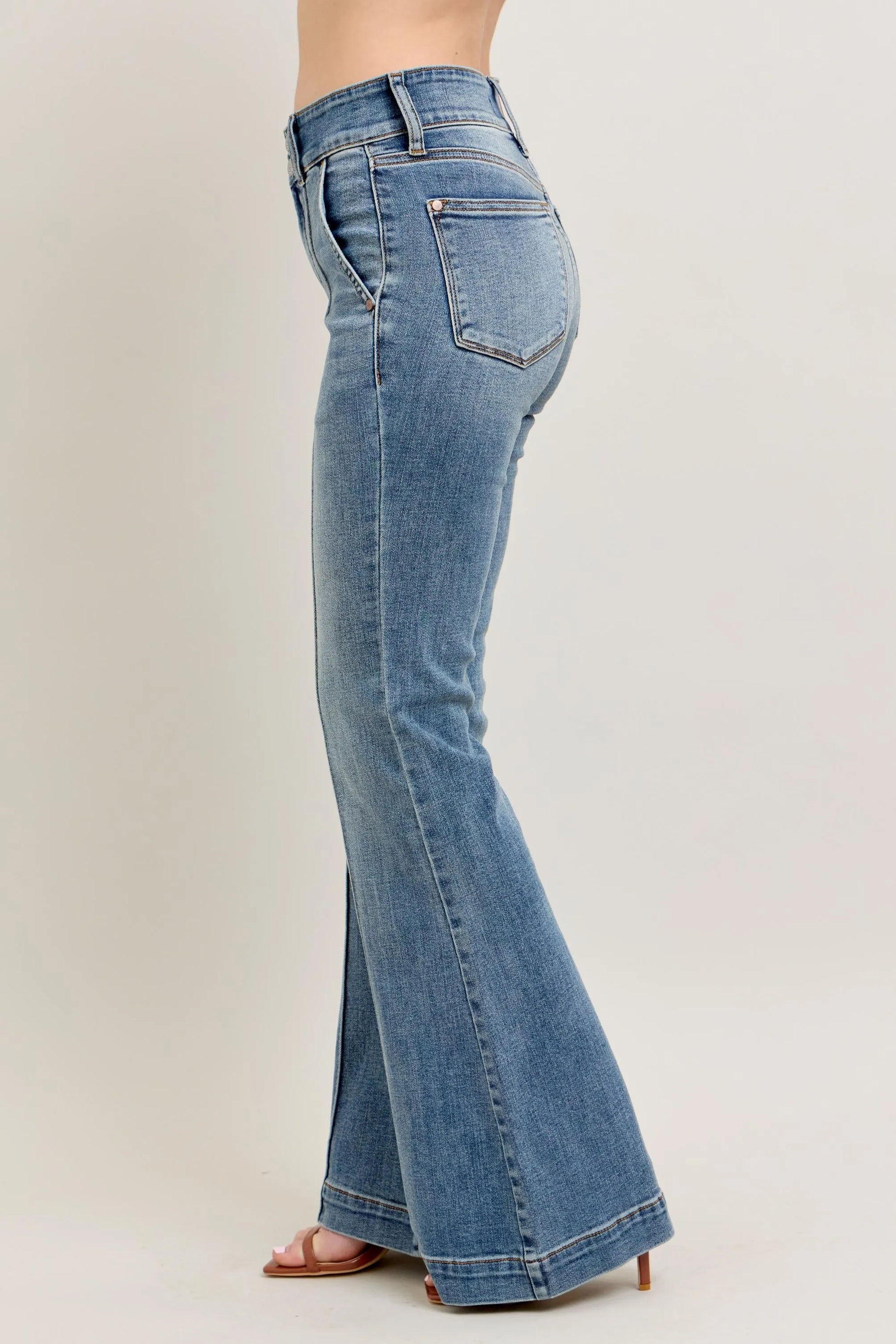 Judy Blue front seam denim pants in light blue with a high waist and flared legs