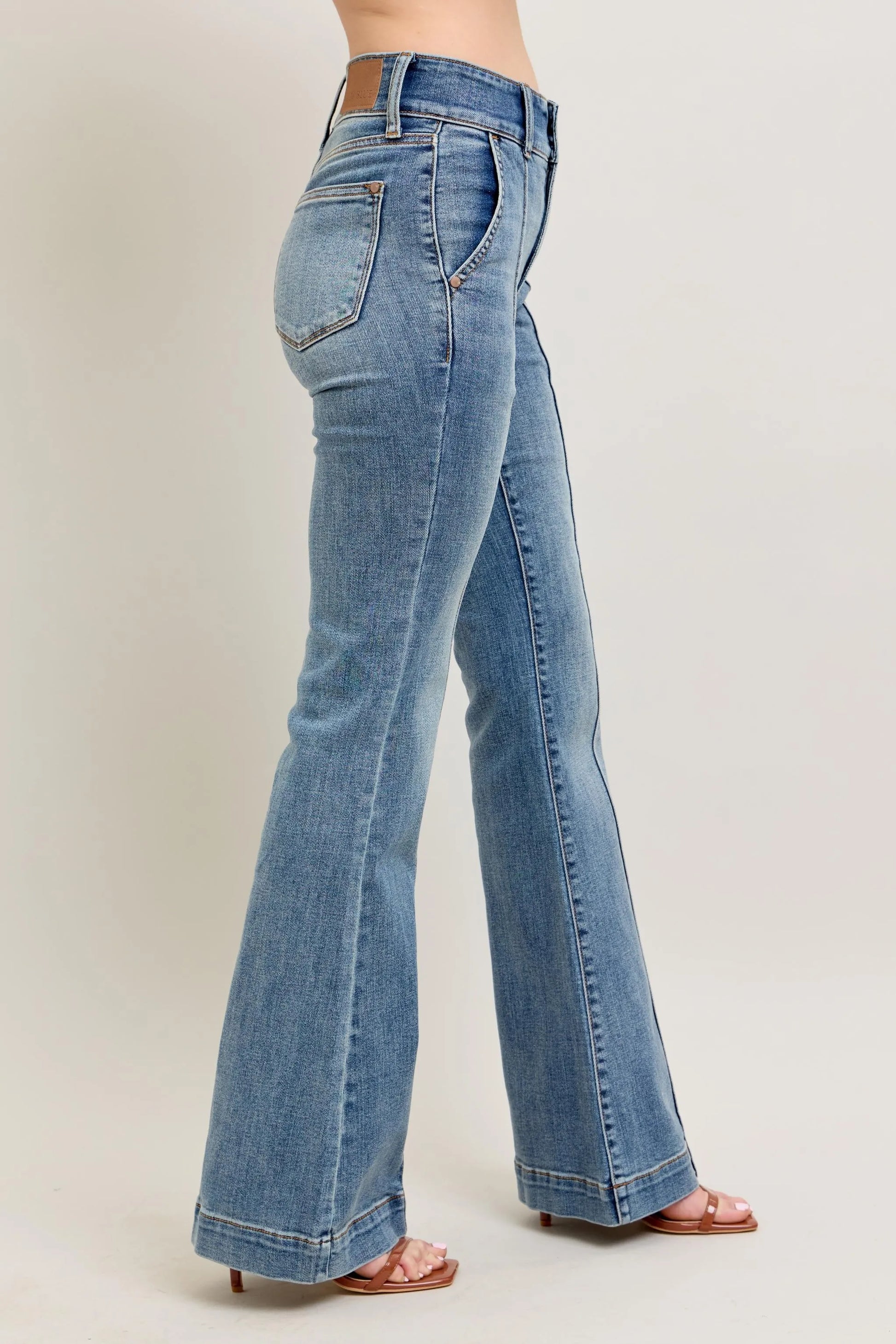 Judy Blue front seam denim pants in light blue wash with high waist and flared legs