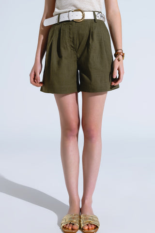 Khaki Shorts With Pockets And Elastic Waist