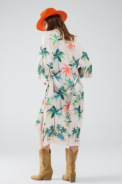 Kimono aberto creme com estampado de praia em comprimento midi