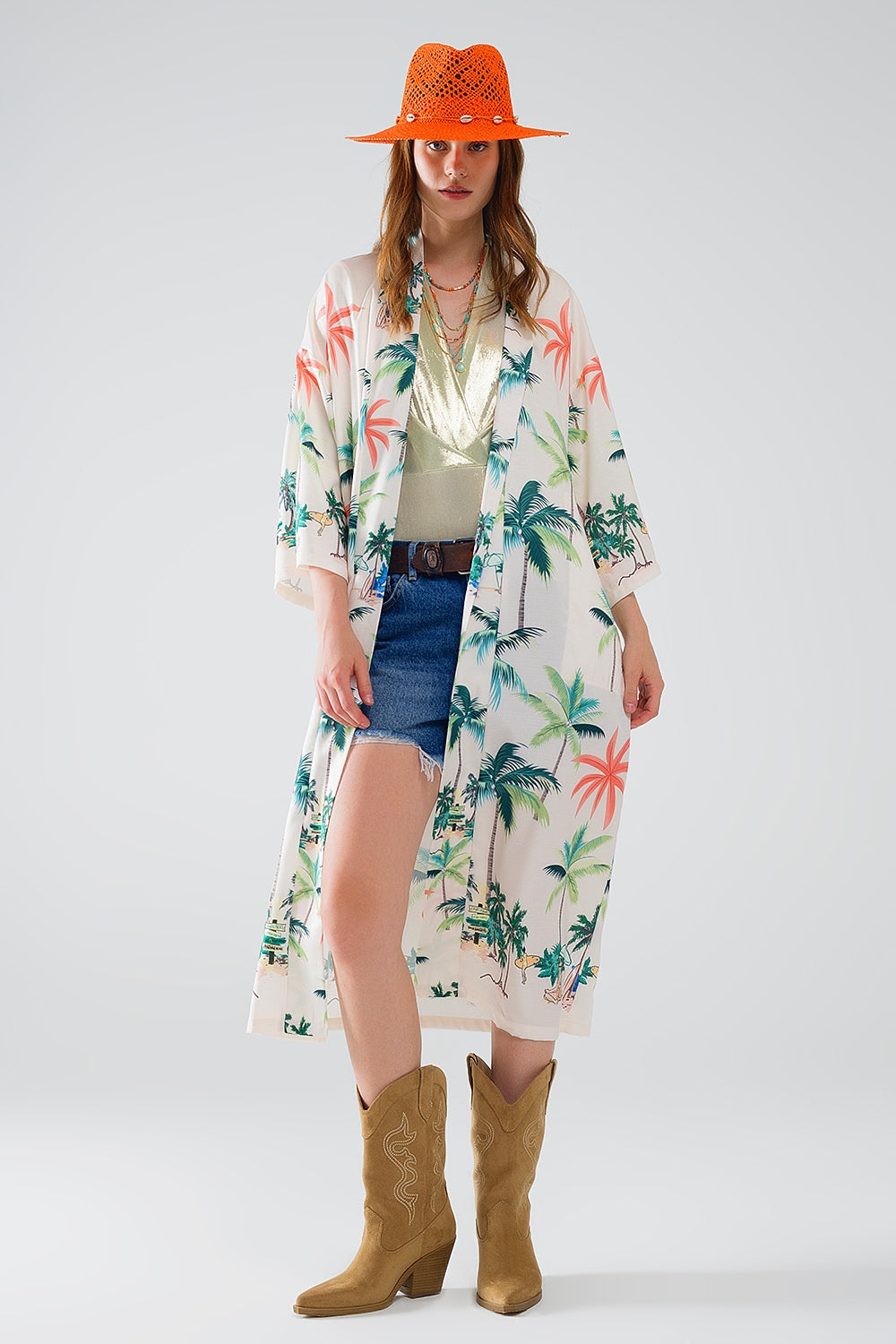 Kimono aberto creme com estampado de praia em comprimento midi