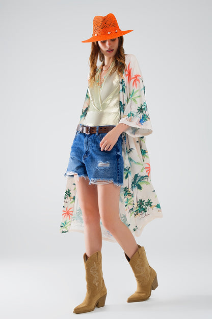 Kimono aberto creme com estampado de praia em comprimento midi