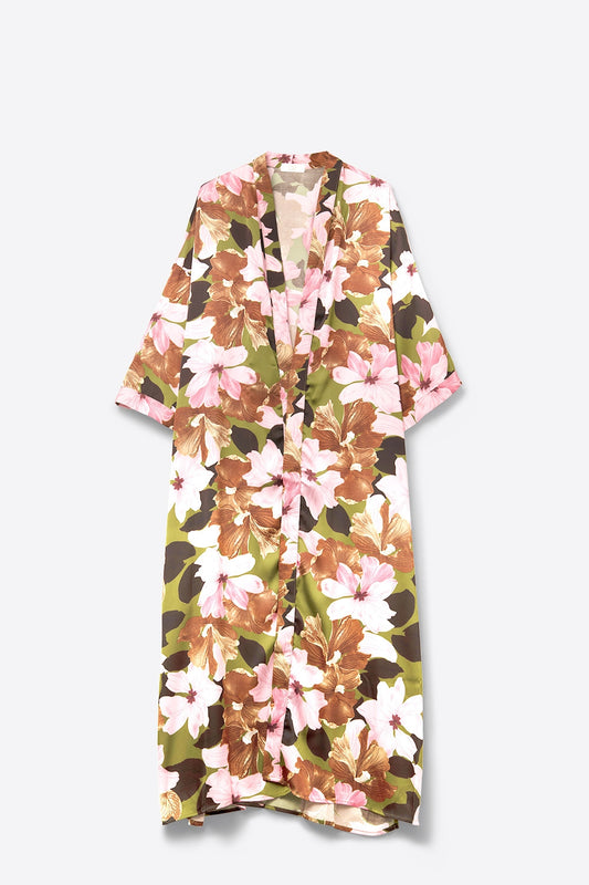 Q2 Kimono de cetim com flores tropicais em verde azeitona