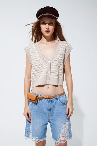 Knitted Cropped Vest With Rib Trim in Beige