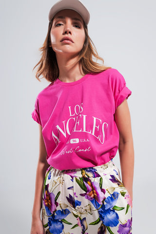 Camiseta com slogan de Los Angeles em fúcsia