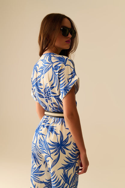 Macacão de Manga Curta com Motivo Tropical em azul e branco