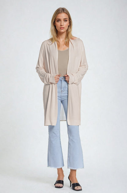 Q2 Maxi aberto bege Cardigan manga comprida