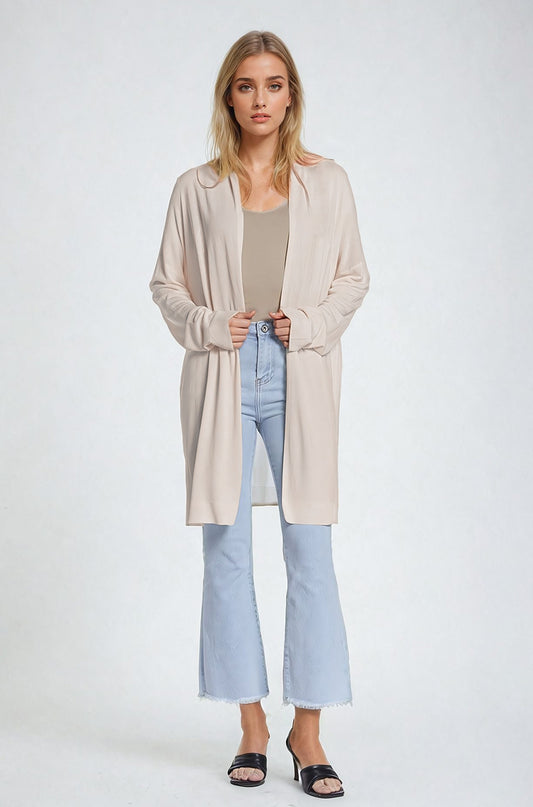 Q2 Maxi aberto bege Cardigan manga comprida