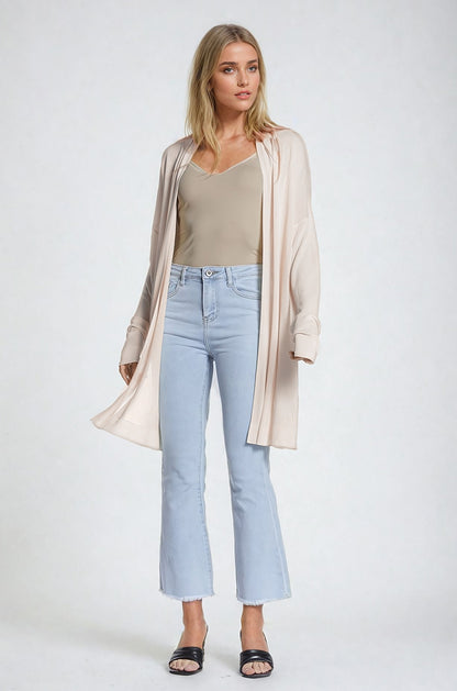 Cardigan maxi aberto bege manga comprida