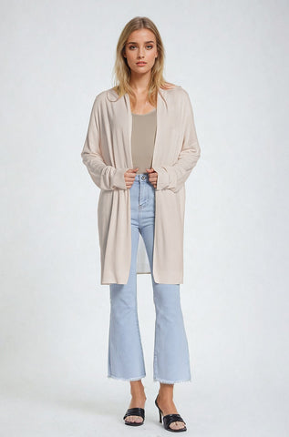 Cardigan maxi aberto bege manga comprida