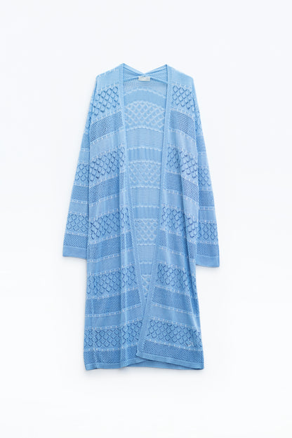 Q2 Maxi-casaco de croché azul bebé com man