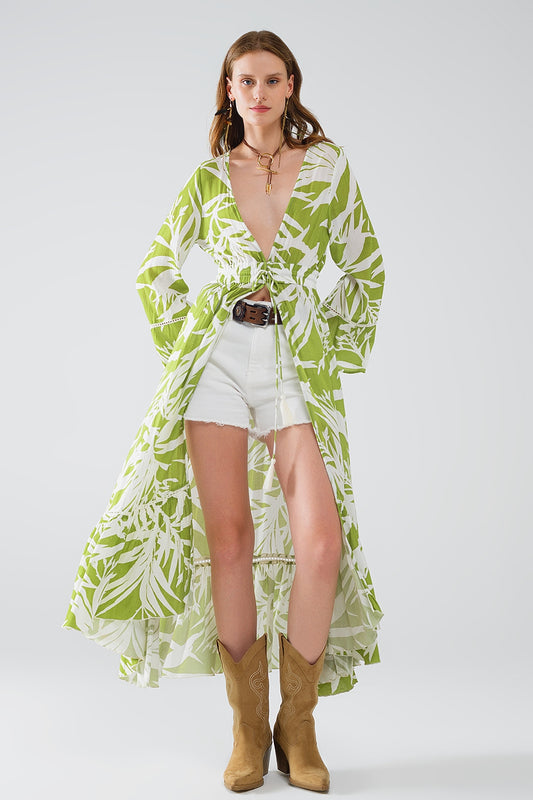 Q2 Maxi quimono verde com estampado de pal