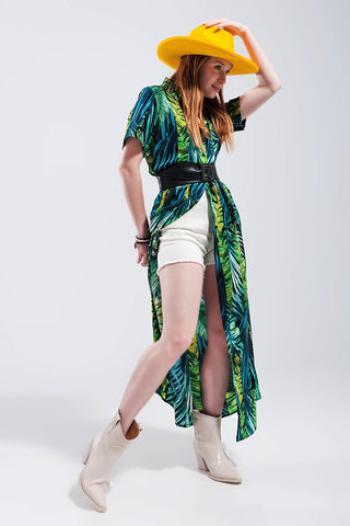 Vestido camisa longo com estampa tropical