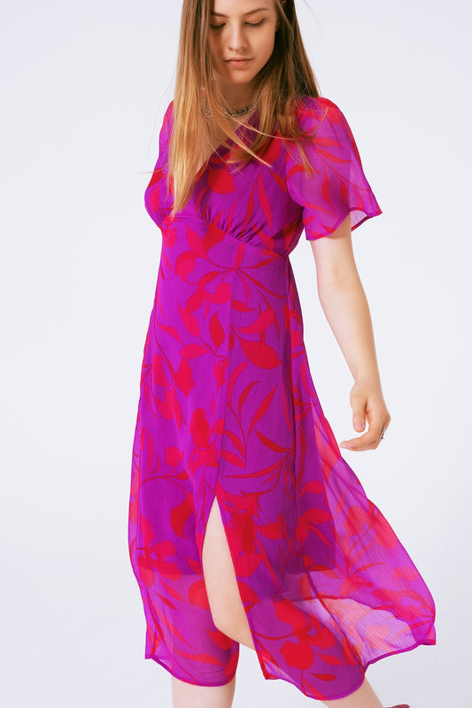 Q2 Maxivestido floral manga curta em chiffon com decote em V