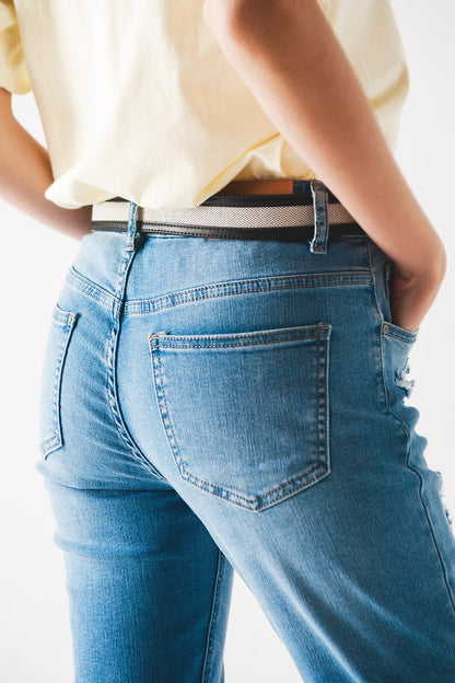 Mid blue rip straight jeans