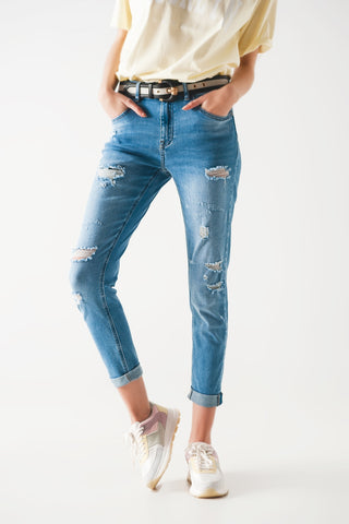 Mid blue rip straight jeans