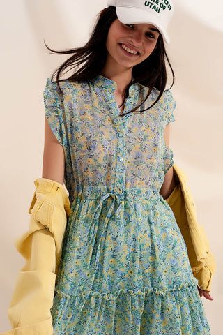 Vestido curto com babados em floral vintage em verde