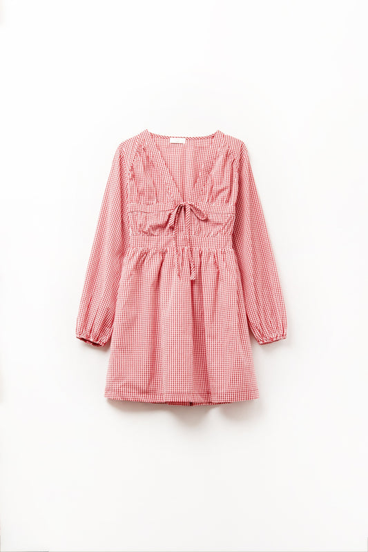 Q2 Mini vestido com gravata à frente em cuadros vichi vermelho