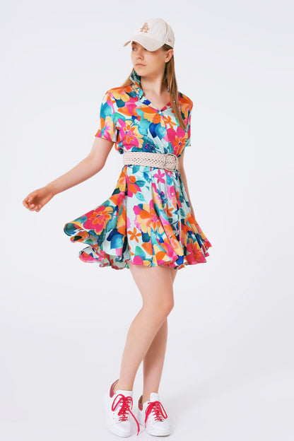 Q2 mini vestido de cetim macio com estampa de flores