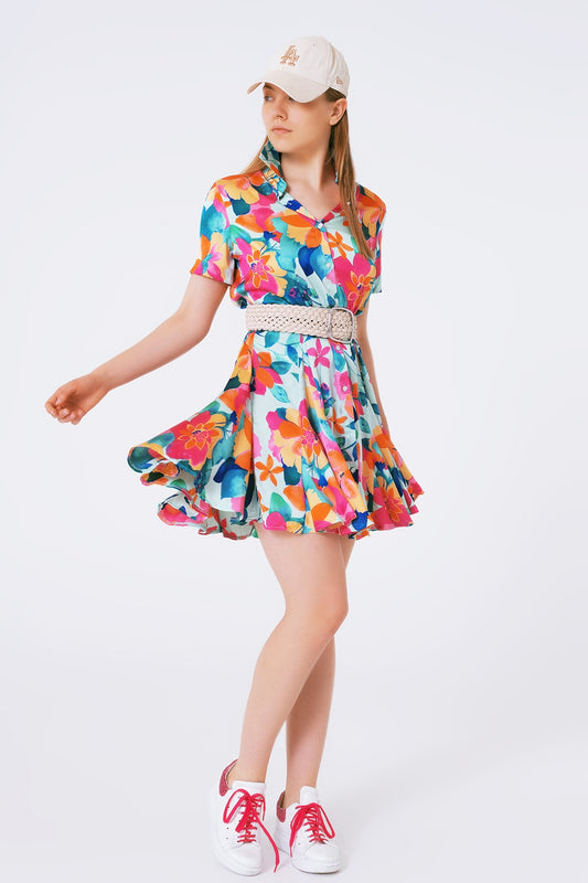 Q2 mini vestido de cetim macio com estampa de flores